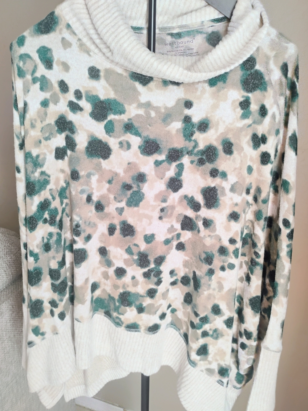 Westbound Size 1X Cream, Teal & Taupe Cowl Neck Animal Print Sweater